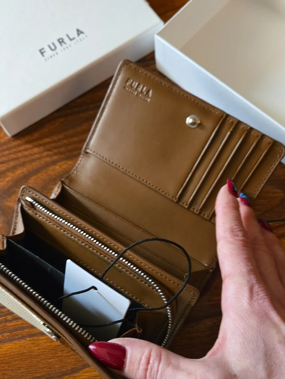 Furla Brown Tricolor Leather Card Holder with Silver Hardware